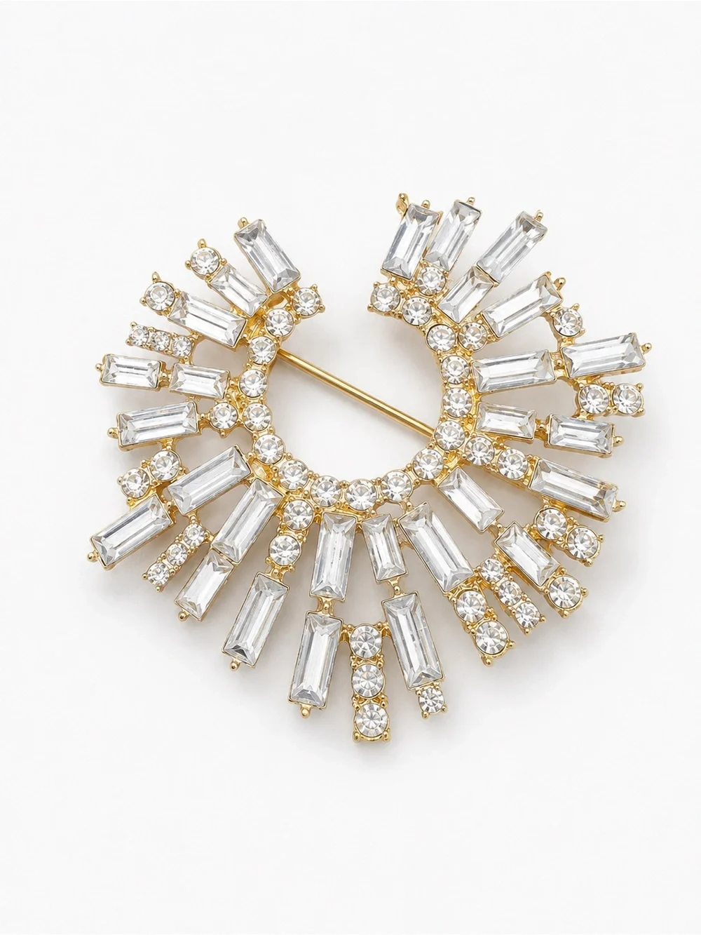 New Rhinestone Sunburst Circle Brooch Pin – Crystal Statement – Gold Tone‎